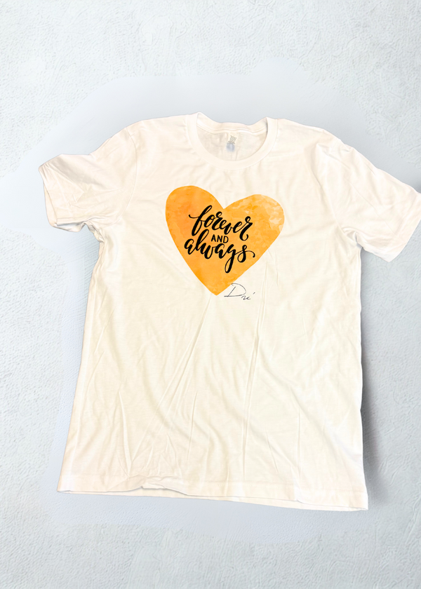 Unisex #white LOVE Heart Tee with orange heart and "forever and always" text design