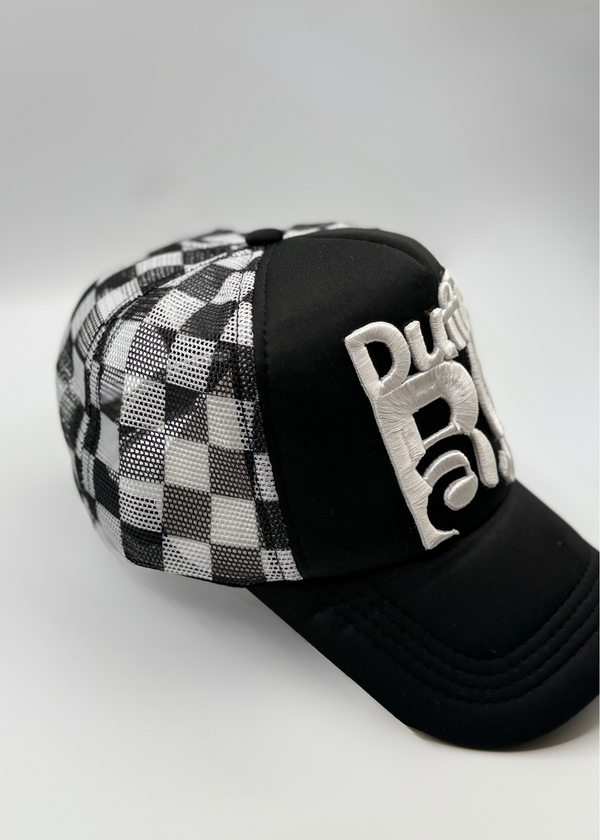 Blackout Edition Fast Lane Checker Trucker Hat with checkered mesh back and embroidered logo.