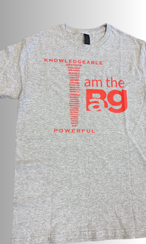 Gray unisex "I AM THE BAG" t-shirt with red bold lettering and positive affirmations design