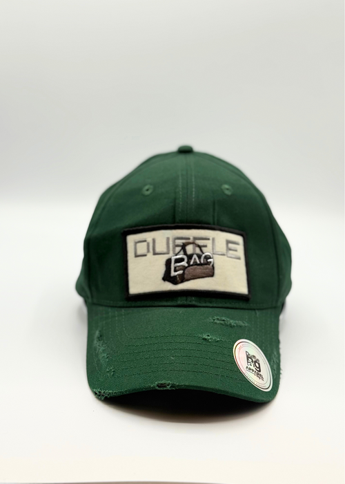 Distressed Ed Hat by Duffle Bag, green dad hat with distressed visor and logo. #Green

