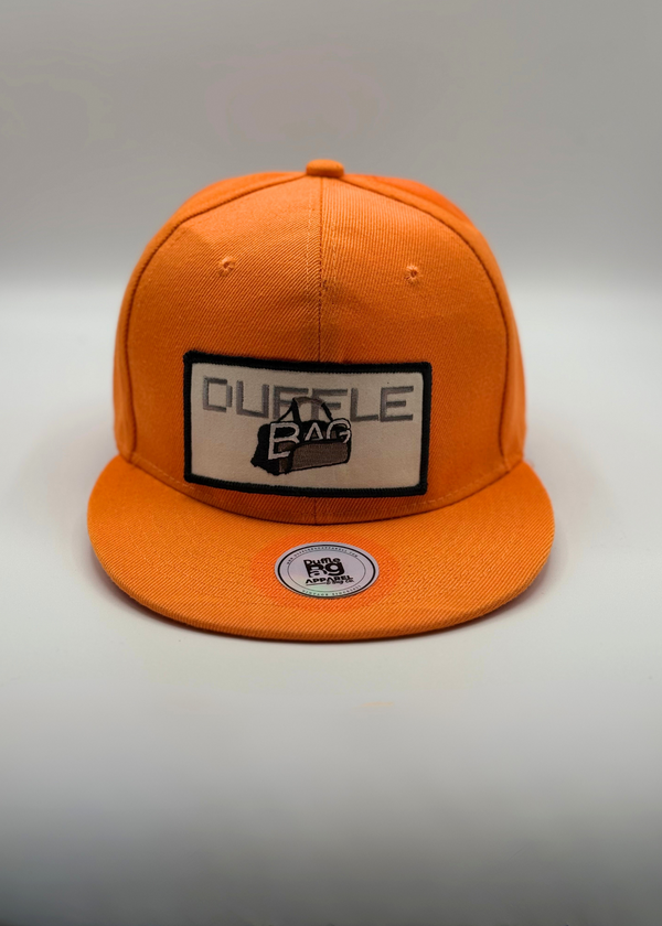 Bright orange snapback hat with Duffle Bag logo and adjustable closure.