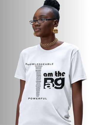 Unisex white "I am the Bag" t-shirt with bold black text promoting confidence and empowerment #white