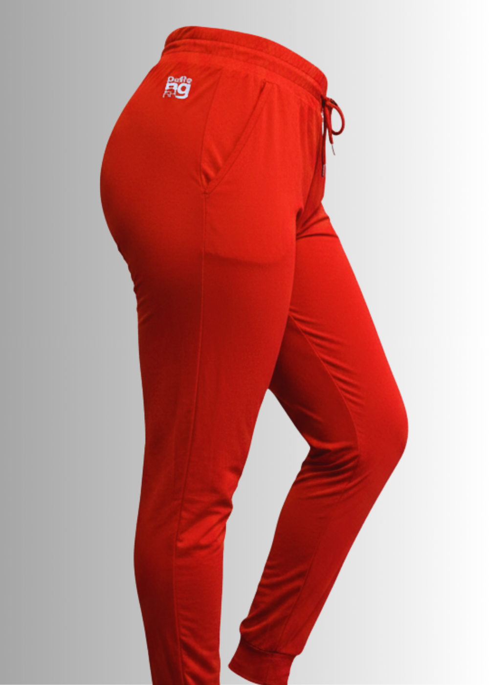 Red pants with a logo on a gray background