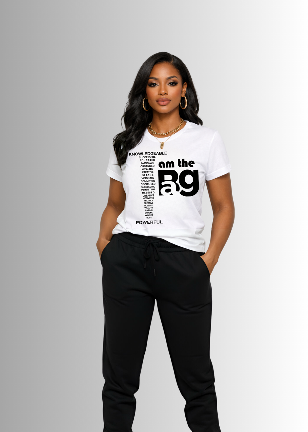 Woman wearing a white t-shirt with text design on a gray background