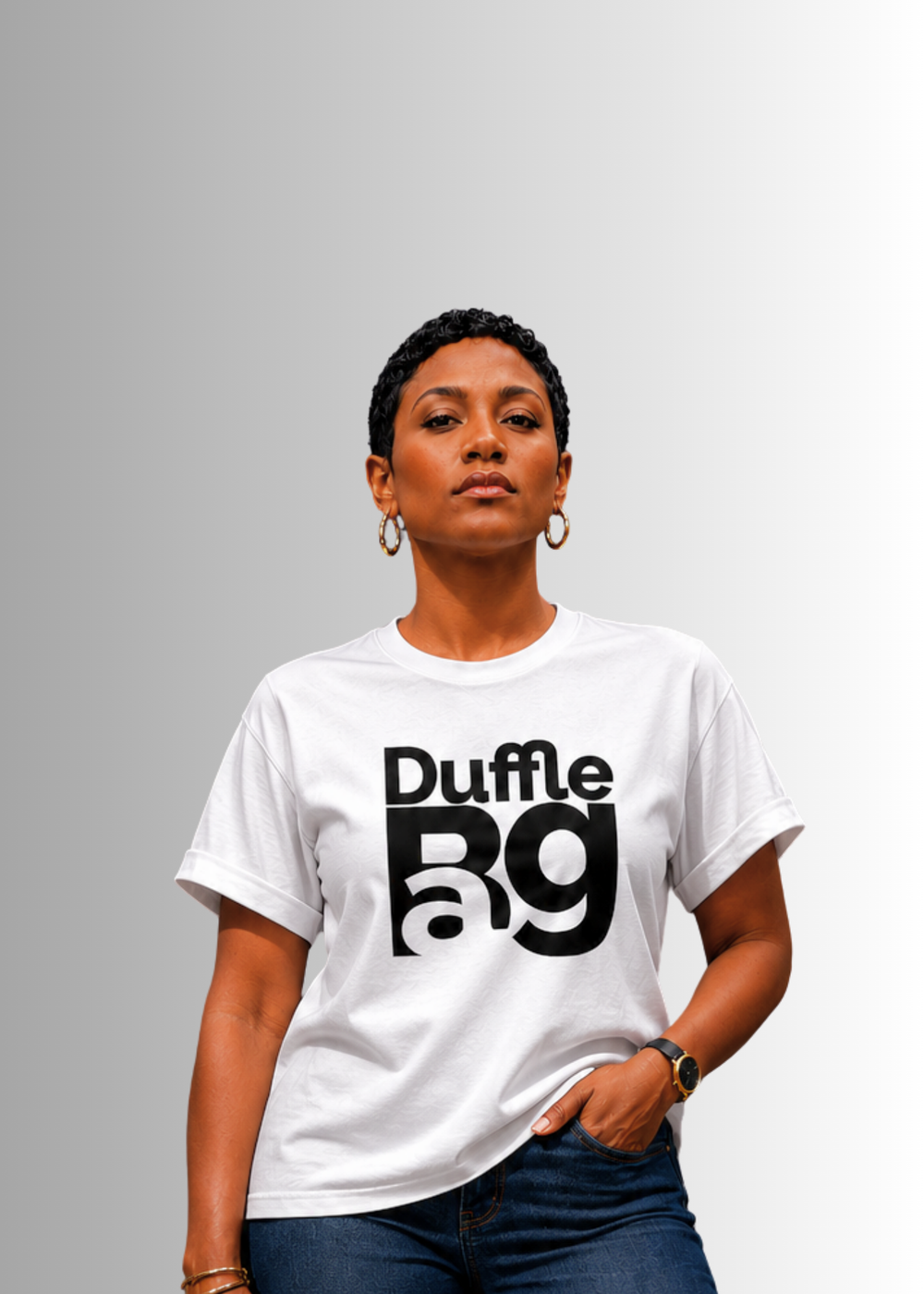 Person wearing a white t-shirt with 'Duffle BAG' text on a gray background