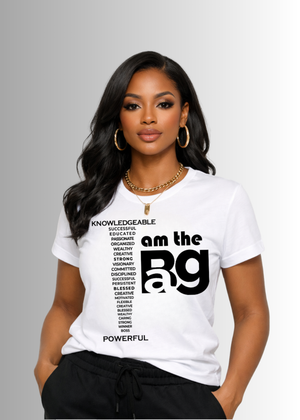 Woman wearing a white t-shirt with text design on a gray background