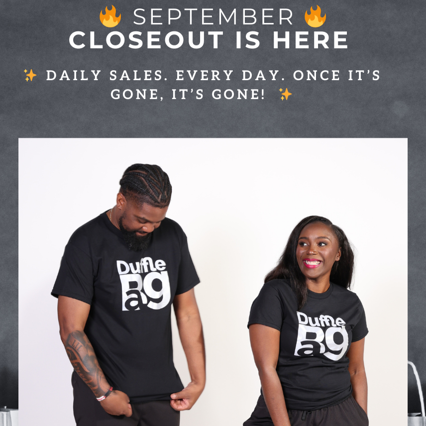 Two people wearing matching black outfits with Duffle Bag Apparel logo, promotional text for September Closeout sale.